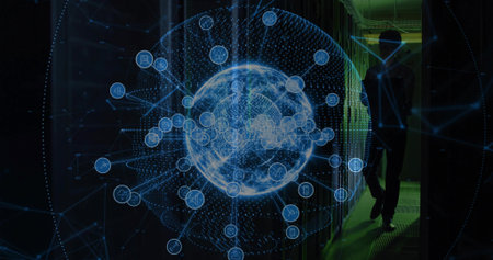 Holographic network globe hovering in data center rack aisle, with silhouetted technician walking....