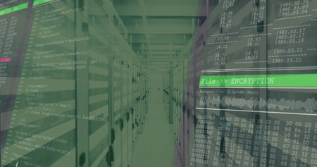 Streaming code overlays across data center corridor, showing server racks and encryption status bar....