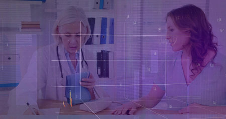 Doctor measuring patient blood pressure in clinic at wooden desk, with sphygmomanometer and pen. Healthcare, wellness, professionalism, consultation, medical, diagnostic, clinicalの写真素材
