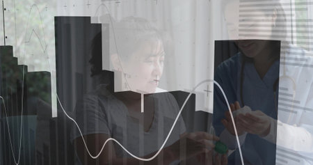 Holding green box and white pill, provider in scrubs explaining dosage at home with graph overlay. Medical, healthcare, telemedicine, digital, analysis, consultation, professionalの写真素材