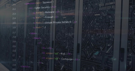 Displaying server cabinets with blinking LED lights in data center, showing cybersecurity HTML code....