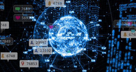Hovering digital network globe linking nodes in cyberspace, with binary code and notification icons....