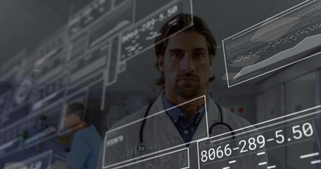 Senior doctor in lab coat, stethoscope examining digital panels in hospital corridor, with monitors....