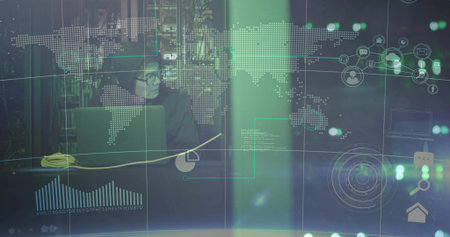 Analyzing network data while Korean analyst typing on laptop amid server racks with green overlays. Cybersecurity, data center, digital, technology, network, monitoring, workingの写真素材
