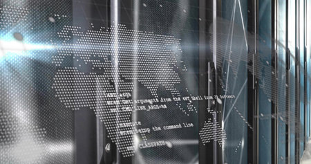 Streaming world map overlay and code lines across glass server racks in data center, lens flare....