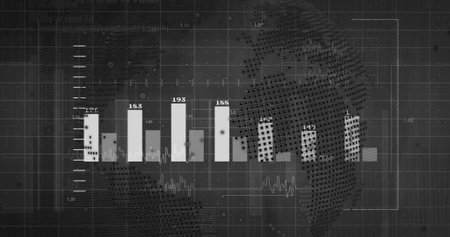 Displaying central bar chart in analytics dashboard, with value labels, gridlines, world map. Data, analytics, visualization, technology, dashboard, digital, infographicsの写真素材