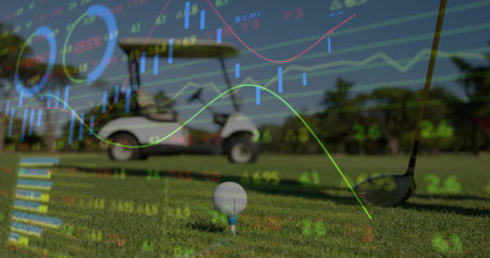 Displaying golf ball on blue tee beside driver head on fairway with golf cart, chart overlays....