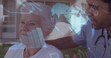 Animation of data processing over cardboard boxes on conveyor beltsの写真素材