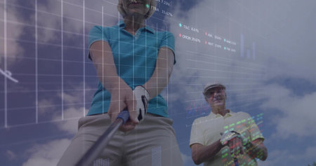 Gripping golf club woman in teal polo preparing swing on course, floating digital financial charts. Athletic, leisure, modern, outdoor, dynamic, aspirationalの写真素材