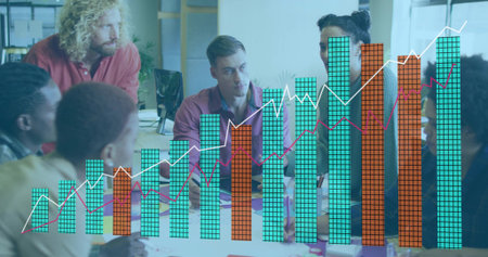 Reviewing data, six colleagues collaborating in conference room, with laptop and AR chart. Business, teamwork, analytics, professional, innovation, collaboration, modernの写真素材