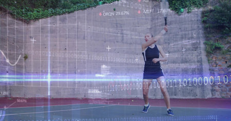Tennis player in tank top executing backhand with racket on tennis court, data overlay, copy space. Athlete, sports, outdoor recreation, competitive sports, fitness, modern designの写真素材