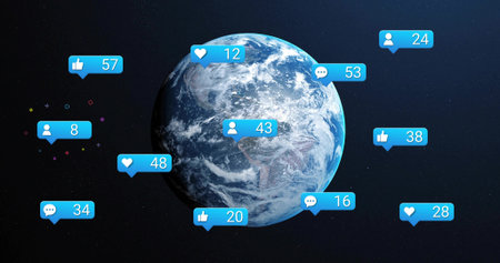 Floating Earth globe in black space, with blue notification icons and decorative geometric shapes....