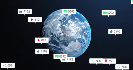 Rotating planet Earth floating in space with thumbs-up, play, comment, share and location pin icons....