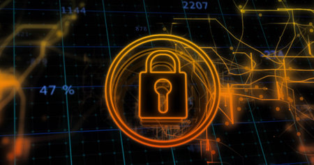 Displaying glowing orange lock icon pulsing on circuit grid, with neon rings and numeric overlays....