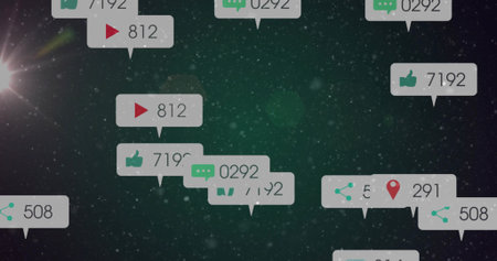 Floating notification bubbles drifting over cosmic backdrop, with thumbs up, chat icons and counts....