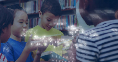Reading boy in bright yellow T-shirt pointing at open book in library, with binary code overlay....