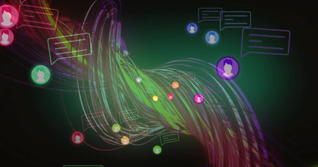 Displaying swirling neon data ribbons in digital scene, with user profile icons and chat bubbles. Futuristic, technology, connectivity, vibrant, cyber, illustration, digital communicationの写真素材