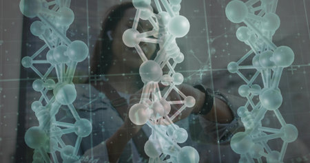 Researcher wearing denim jacket manipulating holographic DNA helix in modern lab, with smartwatch. Biotechnology, innovation, futuristic, data visualization, molecular biology, digital interface, scientificの写真素材