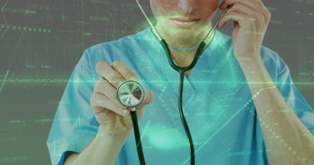 Holding male clinician positioning stethoscope toward viewer in clinic, with green data overlays....