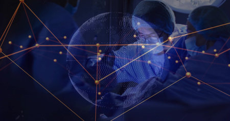 Projecting holographic network globe guiding surgical team under surgical lamp in surgery room....