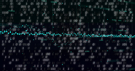 Displaying binary code pattern and teal data points in data interface, with numeric overlays....