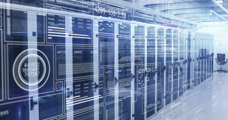 Displaying server racks showing cables lining center hall, floating AR overlays and rolling chair....