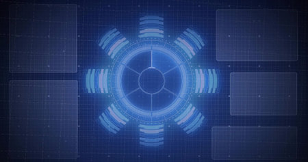 Displaying central circular HUD on futuristic dashboard with radial gauges, grid overlay, panels. Futuristic, technology, digital, interface, innovation, minimalist, sci-fiの写真素材