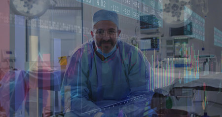 Analyzing surgeon in teal scrubs leaning on operating table at hospital, with charts over monitors. Medical, analytics, innovation, surgery, digital, healthcare, precisionの写真素材