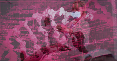 Displaying doctor with stethoscope at exam table in clinic gowned patient and digital-genetic visuals. Medical, healthcare, science, futuristic, biotechnology, clinical, diagnosticの写真素材