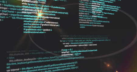 Displaying monitor showing JavaScript code at coder desk, with coffee ring stain and bokeh lighting. Programming, development, dark mode, tech workspace, digital, code analysis, creative industryの写真素材