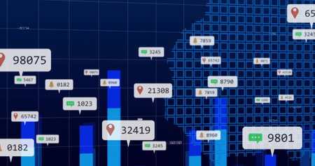 Displaying bar charts on analytics dashboard, with callouts, pin, chat and bell icons and grid map....