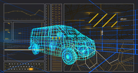 Rendering neon 3D wireframe van model in CAD interface, with grid lines and dimension labels....