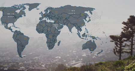 Animation of snow globe over snow falling and winter scenery at christmasの写真素材