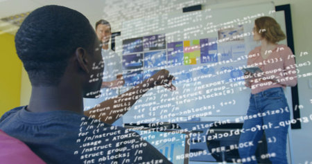 Man pointing at code graphs on projector screen in conference room, with tablet device, copy space....