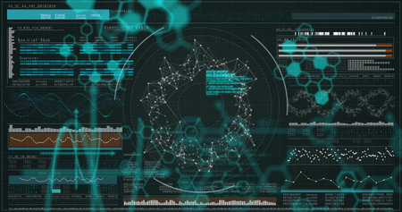 Displaying central node network on analytics dashboard, with teal hex patterns and bar charts....