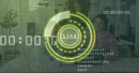 Three professionals collaborating on laptop in office near potted plant, with analytics overlay. Collaboration, teamwork, business, modern, technology, data, presentationの写真素材