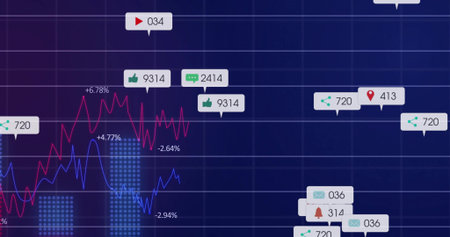 Displaying chart on analytics dashboard, featuring red and blue line graphs with social media icons....