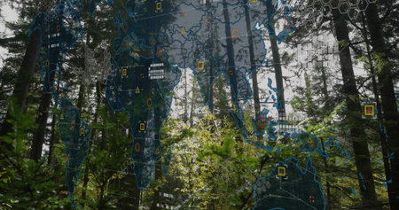 Spanning world map overlay hovering over evergreen forest, with hexagonal grid cells and data nodes....