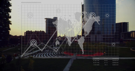 Overlaying data visualization on city park at dusk, with grid overlay, world map, rising line graph....