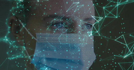 Displaying woman wearing surgical mask in tech space with hologram globe and teal nodes. Futuristic, technology, connectivity, digital, innovation, cybersecurity, data visualizationの写真素材