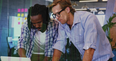 Animation of female architect on scaffolding, financial data processing and statisticsの写真素材