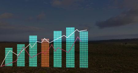 Displaying data chart overlay tracing trends over scrubland plain, with bar charts and line graphs. Analytics, visualization, technology, outdoor, modern, informational, graphicalの写真素材