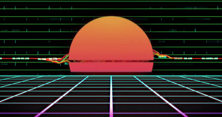 Glowing gradient half-sun dominating virtual synthwave horizon, with neon grid floor and data lines. Cyberpunk, futuristic, digital art, neon, abstract, technology, ambianceの写真素材