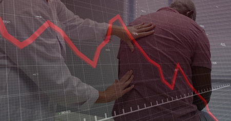 Comforting doctor with white coat placing hand on patient in clinic, with grid overlay, red line. Medical, healthcare, support, professionalism, diagnostics, analysis, clinicalの写真素材