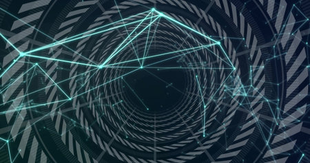 Spiraling tunnel in 3D network with illuminated nodes, neon cyan connecting lines, concentric rings....