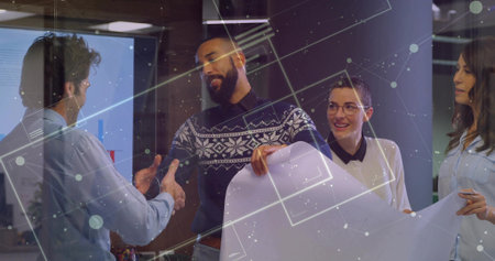 Shaking hands colleagues reviewing blueprint in modern glass meeting room, with digital overlays. Collaboration, teamwork, corporate, modern, innovation, architecture, schematicの写真素材