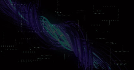 Twisting digital ribbon weaving through virtual data space, showing floating binary digits....