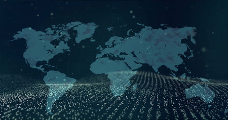 Showing world map silhouette in virtual space, with glowing data points, grid lines, wave dot field. Geography, technology, digital, innovation, connectivity, networking, analyticsの写真素材