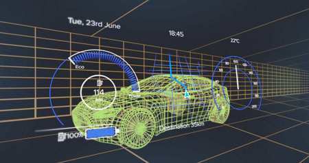 Displaying green wireframe sports car model in virtual space, with eco gauge and HUD elements. Futuristic, technology, automotive, innovation, interface, digital, data visualizationの写真素材