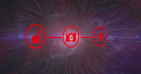Displaying red unlocked padlock, camera with slash, light bulb icons floating across cosmic nebula. Futuristic, technology, security, innovation, digitalart, science, cybersecurityの写真素材